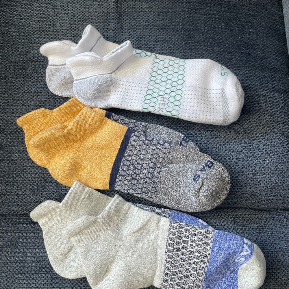 3 Pair Large Bombas Athletic Socks in White, Yellow, and Gray New No Tags